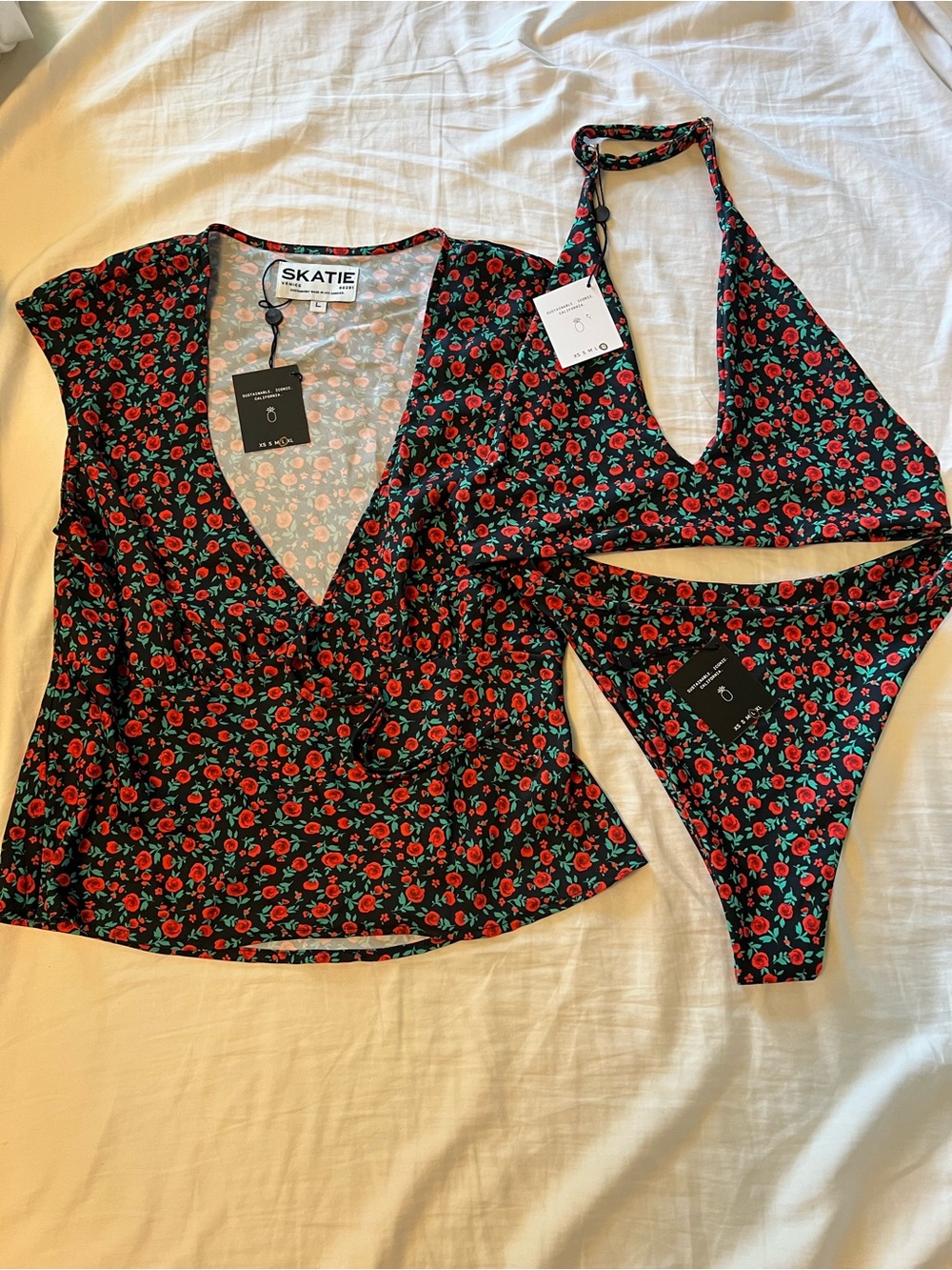 Skatie Black Floral Bikini Set with Red and Green Rose Print